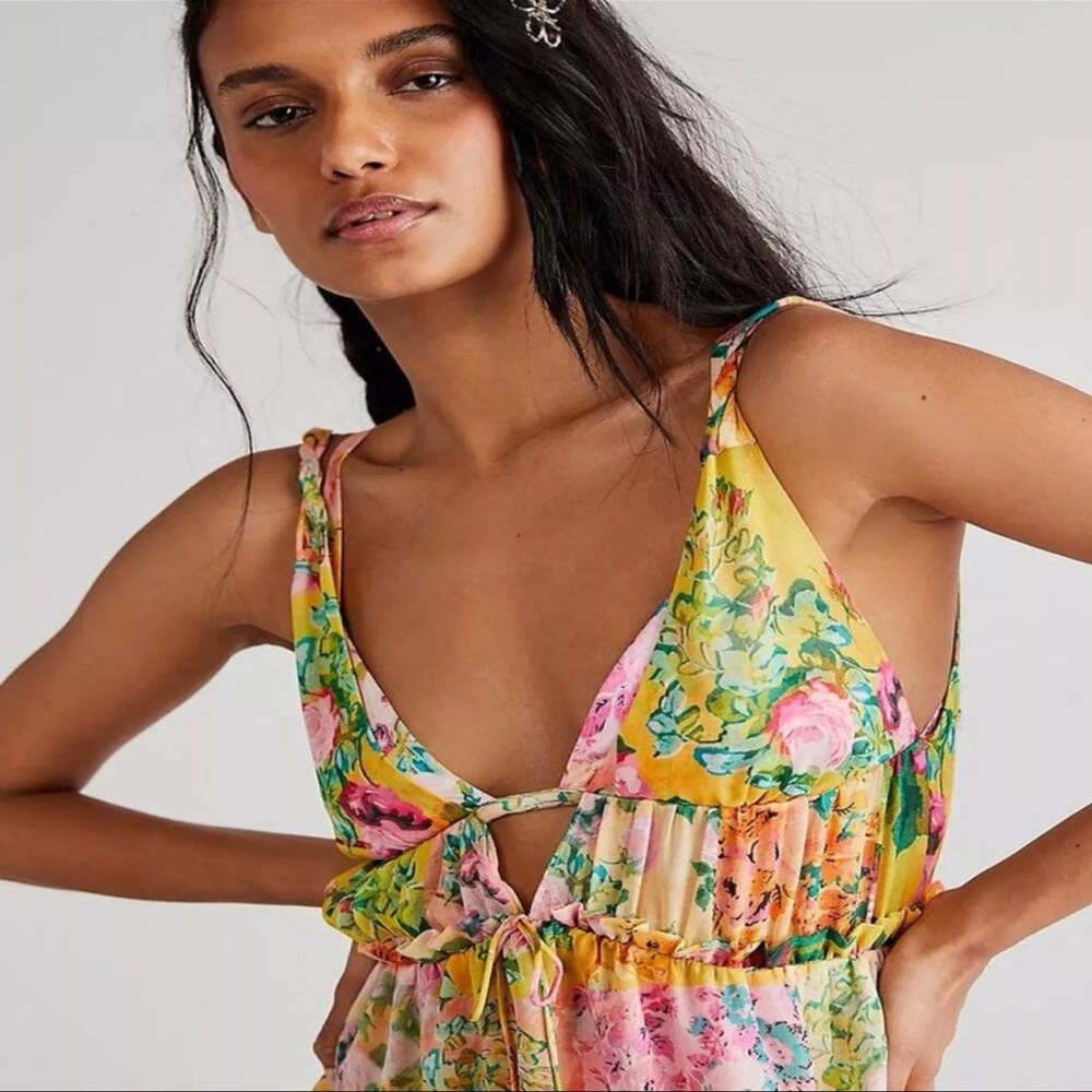 New with tags! Madison For Love And Lemons Yellow Pink Asymmetrical Sundress - Picture 3 of 9